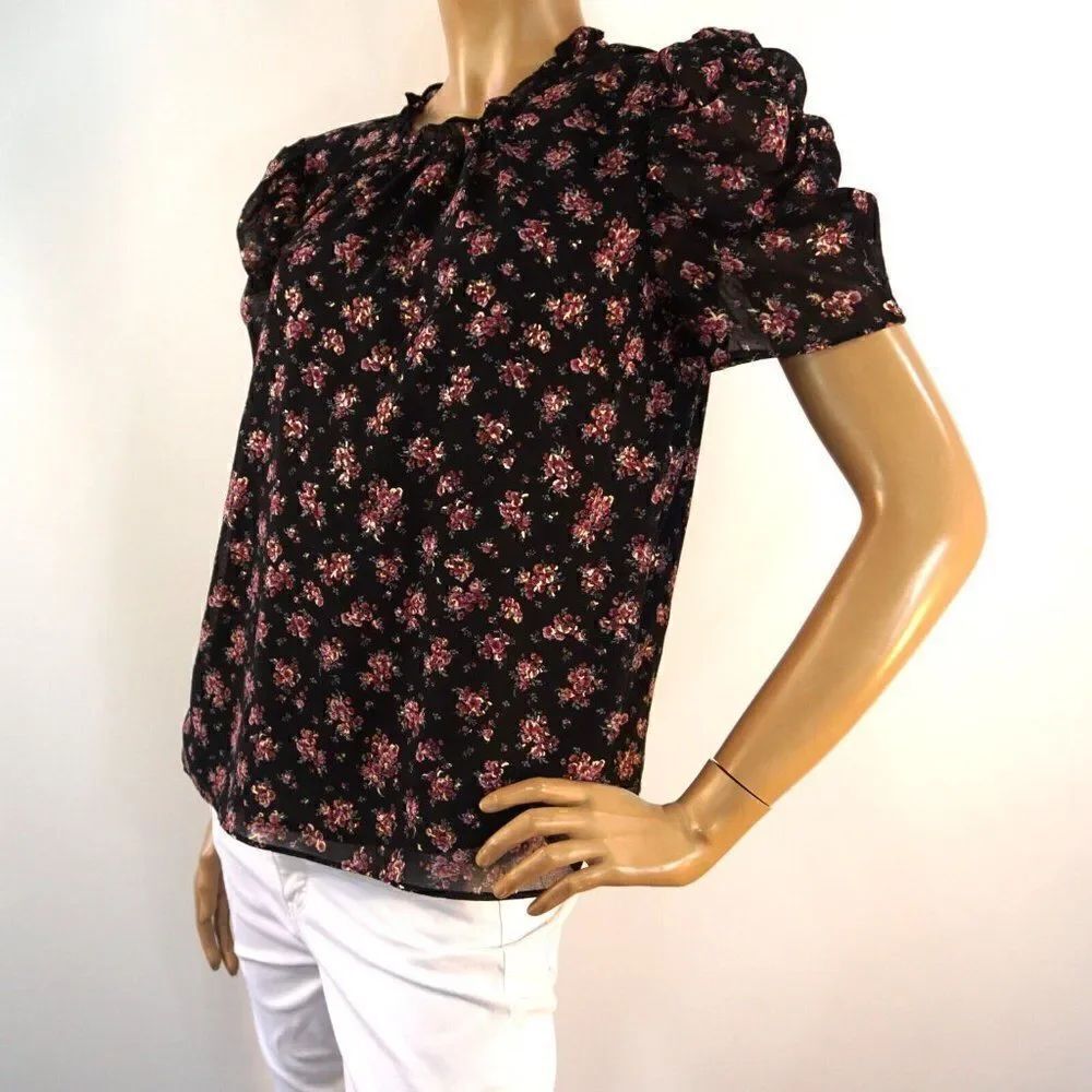 1. STATE Womens Multicolore Floral Top Pouf Sleeve Ruffled Neckline Size L
